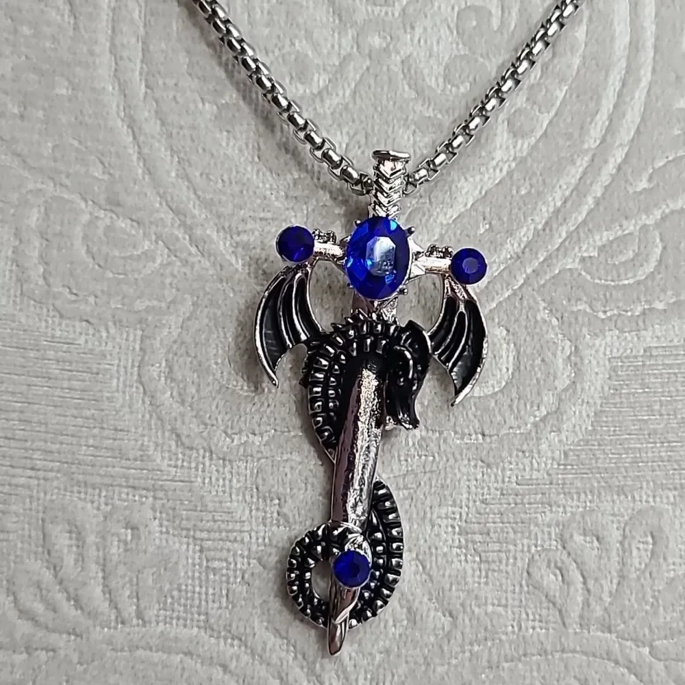 Dragon Cross Sword Necklace Blue Stone Medieval Fantasy Gothic Silver Unisex 24